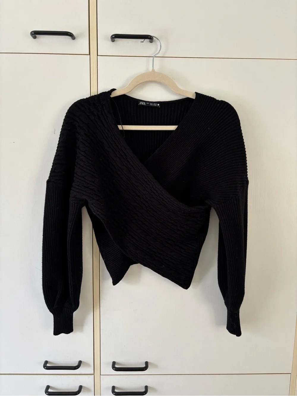 Zara Knit Wrap Sweater Black Textured Balloon Sleeve Small Minimalist Stretchy - Picture 2 of 11